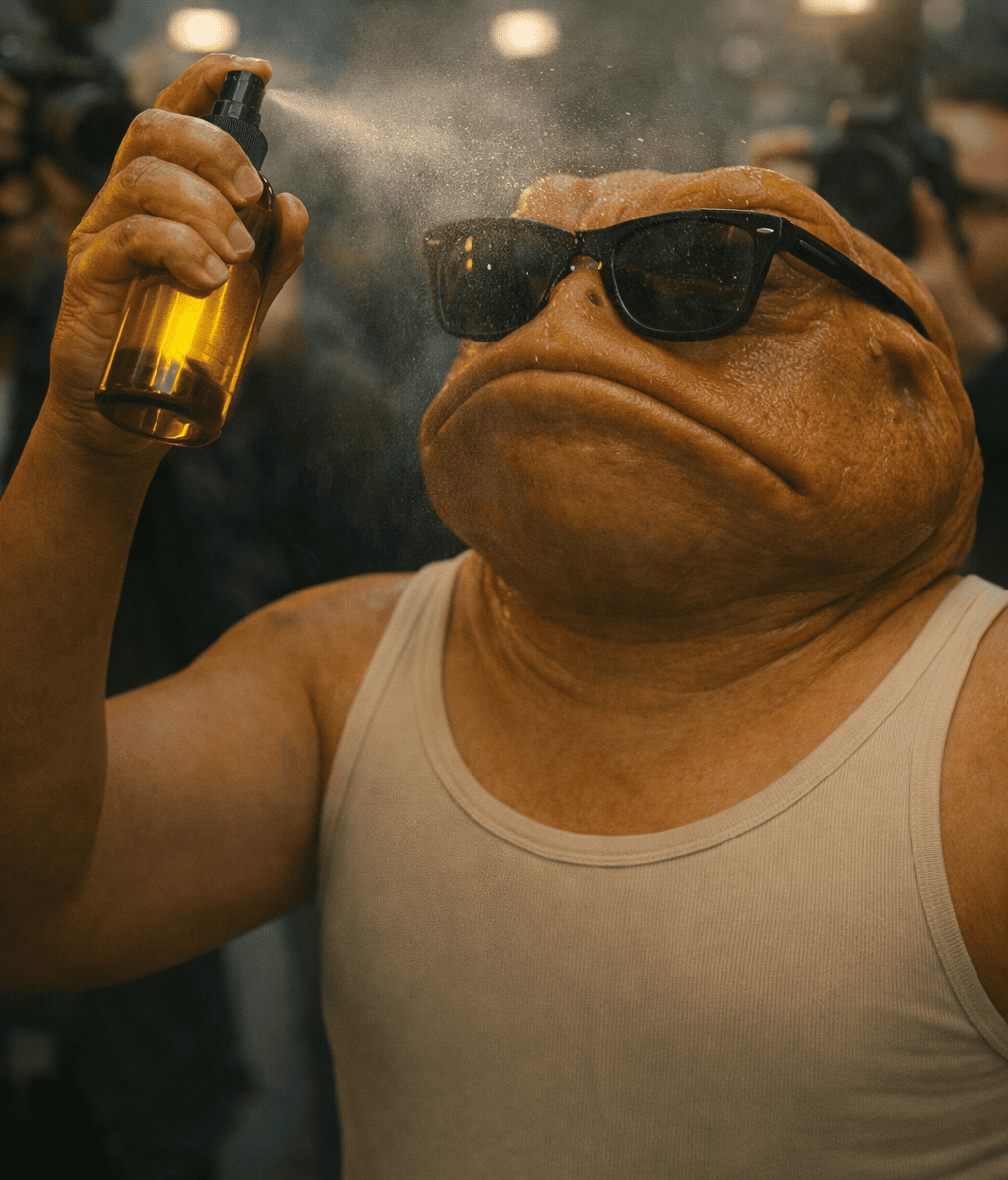 Erv the cane toad celebrity spraying Thorny Toad Face Juice amid paparazzi flashes